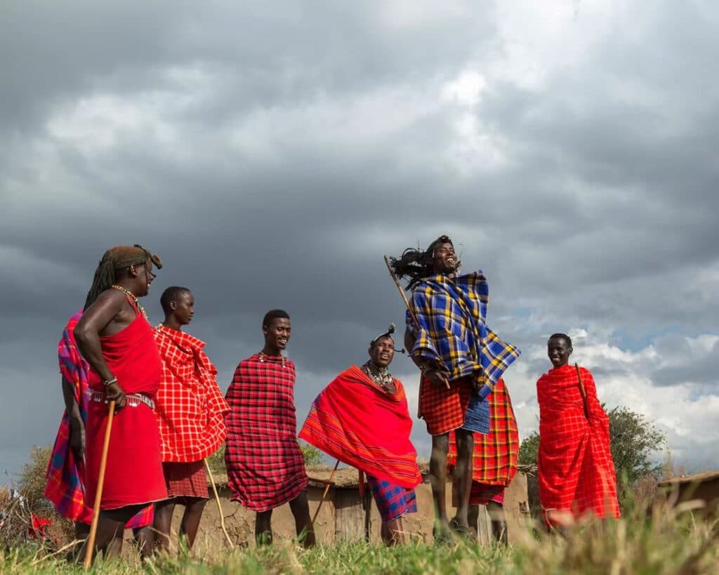 Maasai warriors performing traditional jumping dance in Kenya